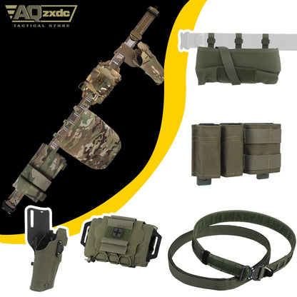 Outdoor Hunting Belt with ALS Quick Draw Holster & Triple Mag Bag & IFAK Medical Bag & Folding Sundry Bag for Airsoft Paintball
