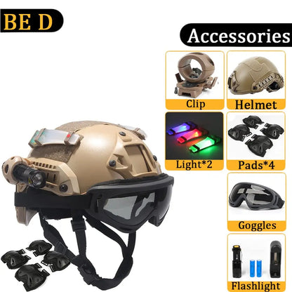 FAST Helmet, with Goggles, Flashlight, Flashing Lights, NVG Imitations, Knee and Elbow Pads, for Outdoor Games Airsoft Paintball