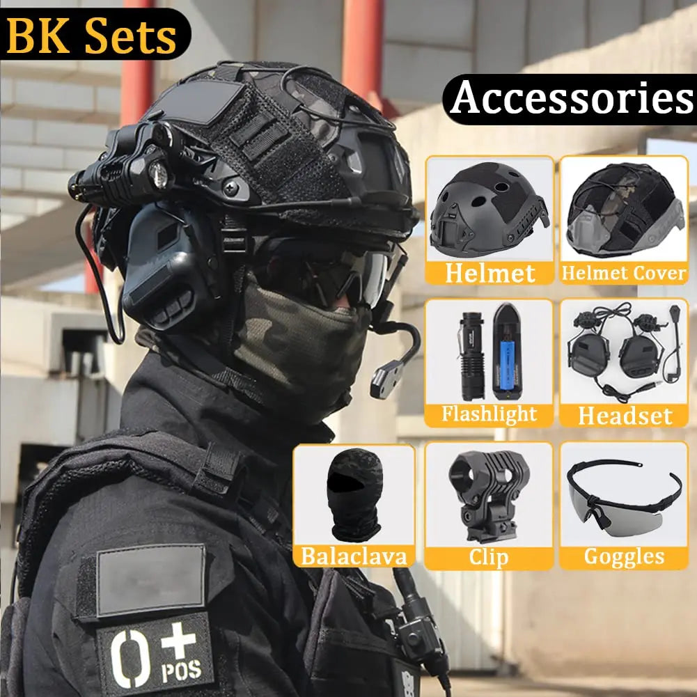 FAST Airsoft Helmet Set, with Four Eyes Telescope Model and Soundproof Headphones, Flashlights, Goggles, Signal Lights Etc