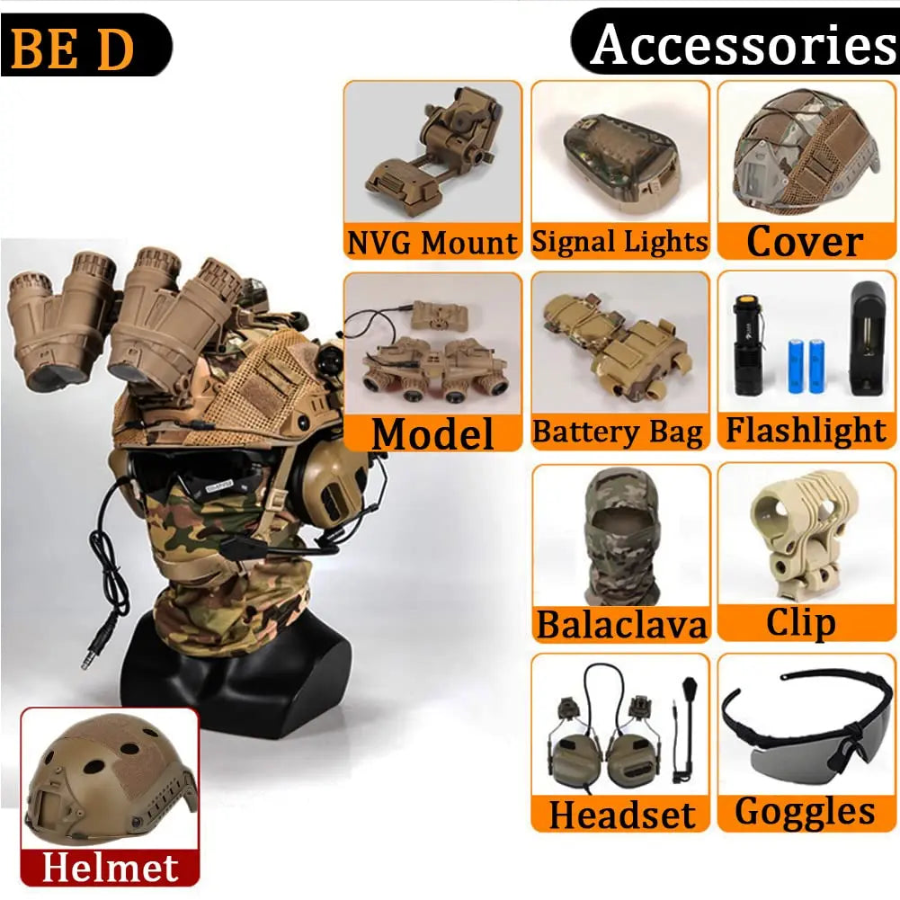 FAST Tactical Helmet Sets, with Tactical Headset and Telescope Model, Visor & Goggles, Flashlight, Signal Flashing Light, Mount