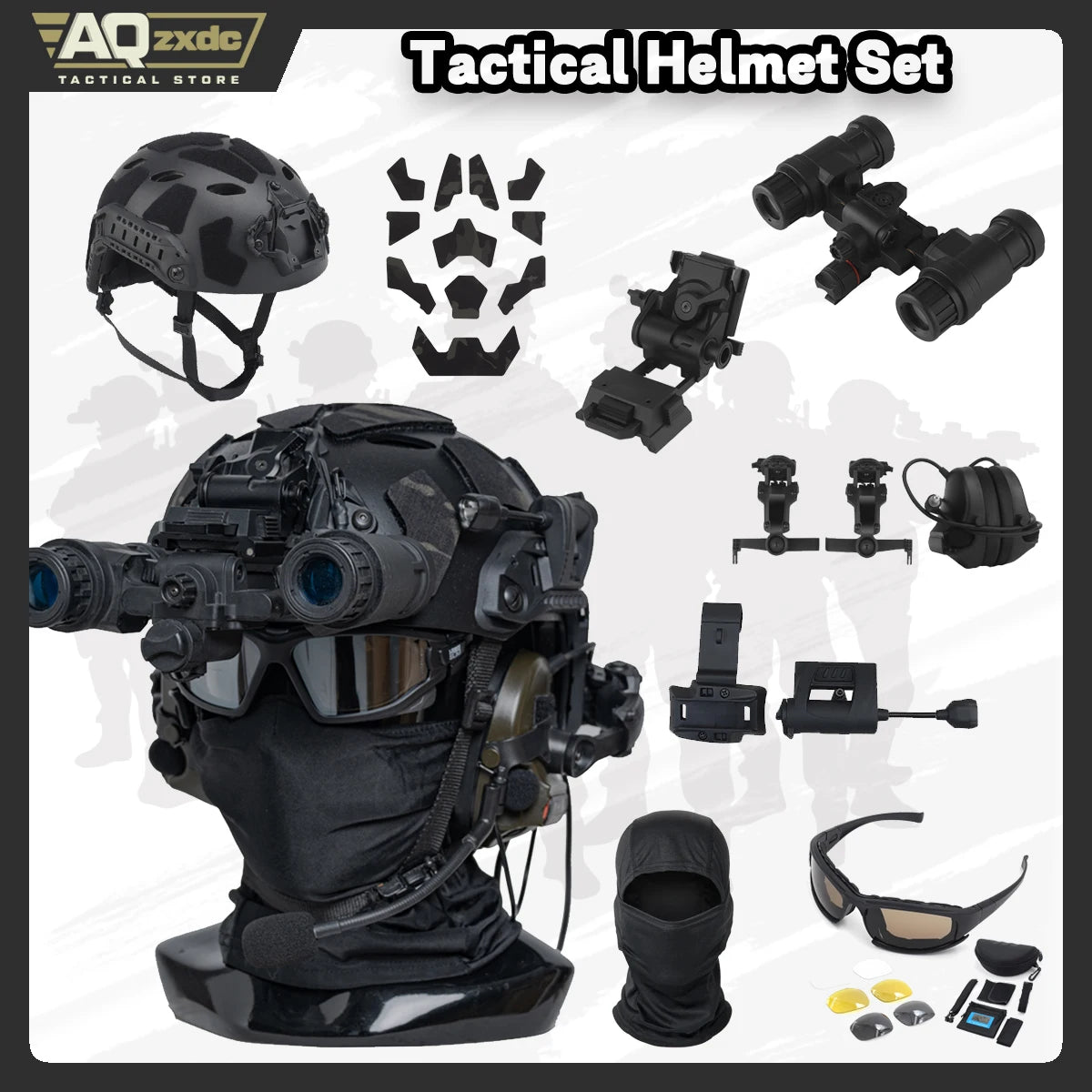 Military Assault Helmet Set, with C5 Tactical Earphone & Helmet Velcro & Binocular Night Vision Goggle & G24 Bracket for Airsoft