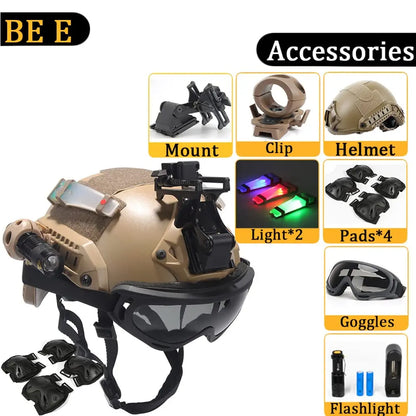 FAST Helmet, with Goggles, Flashlight, Flashing Lights, NVG Imitations, Knee and Elbow Pads, for Outdoor Games Airsoft Paintball