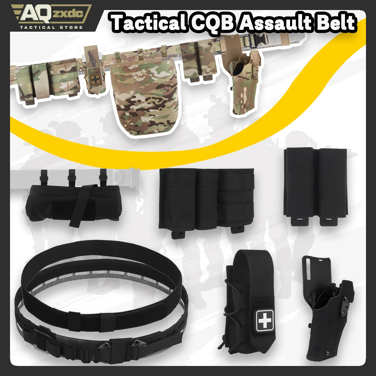 Tactical Assault Belt with Quick-Draw Holster & Triple Mag Bag & Foldable Sundries Bag & Medical Bag & Double Pack for airsoft