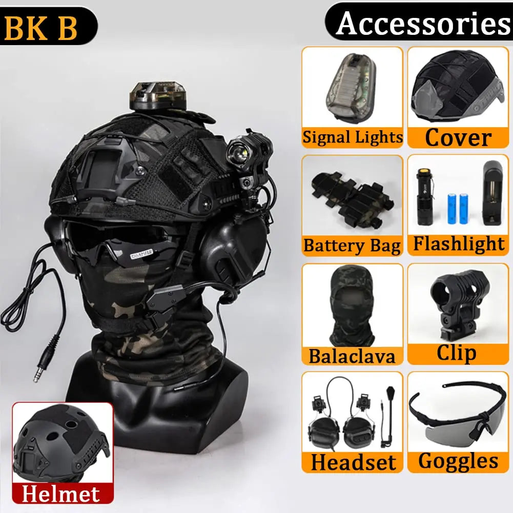FAST Tactical Helmet Sets, with Tactical Headset and Telescope Model, Visor & Goggles, Flashlight, Signal Flashing Light, Mount