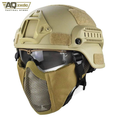 Mich 2000 Style ACH Tactical Helmet with Foldable Ear Protection Dual Straps Half Face Mesh Mask - Goggles for Airsoft Paintball