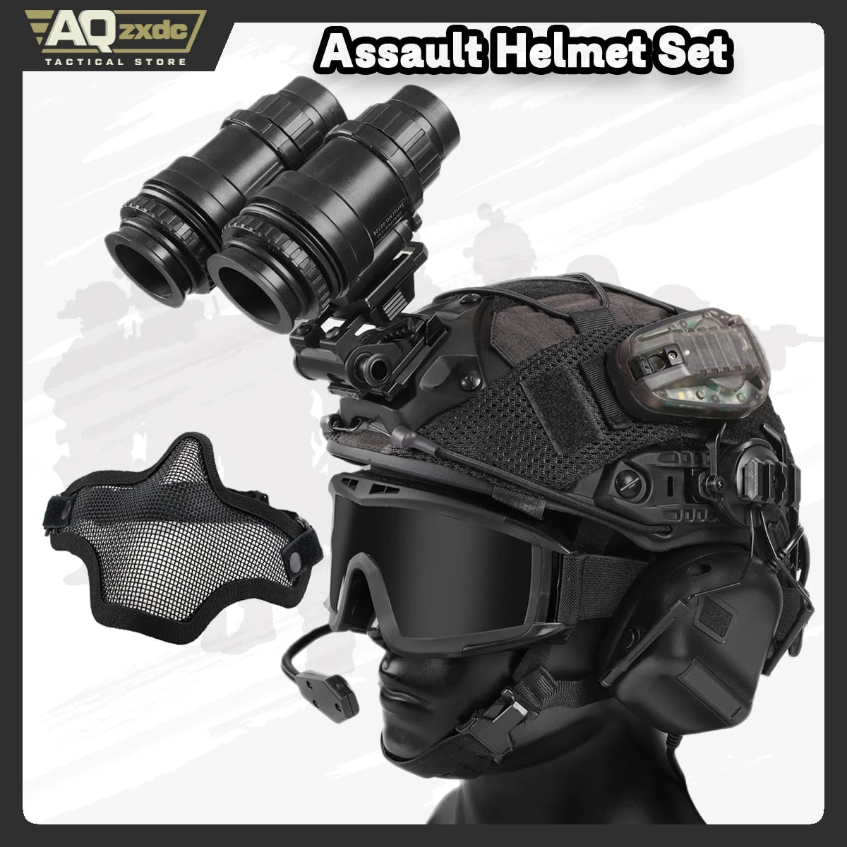 AQzxdc Tactical Helmet with Headset,Adjustable Helmet with Helmet Cover and Fcae Mask for Cosplay Military Tactical Airsoft Gear