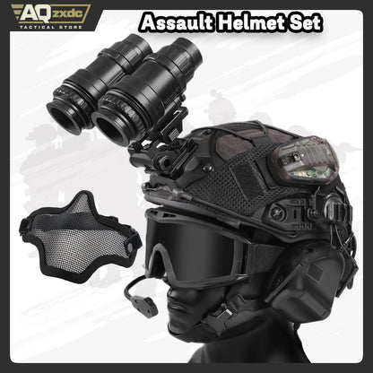 AQzxdc Tactical Helmet with Headset,Adjustable Helmet with Helmet Cover and Fcae Mask for Cosplay Military Tactical Airsoft Gear