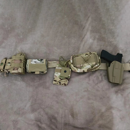 Tactical Military Belt Set with Combination Mag Bag & Recovery Bag & Walkie-Talkie Bag & Quick holster & Sundrie Bag for CS Game
