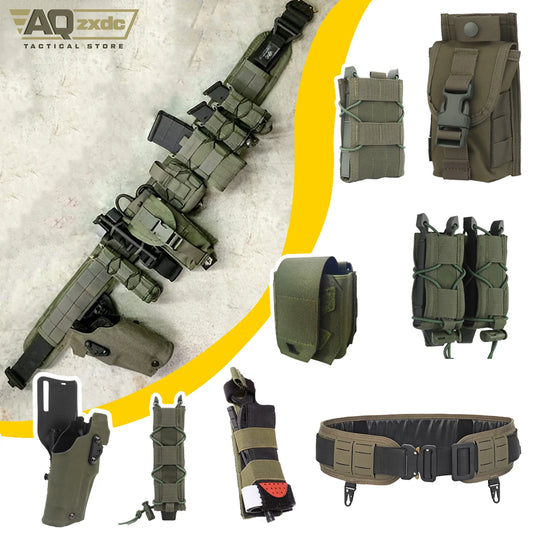 Tactical Military Belt Set with Double Mag Pouch, AR Mag Bag, Compact Medical Bag, Handcuff Bag and Tourniquet Set for airsoft