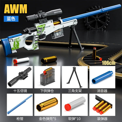 Uploaded projectile throwing shell AWM soft bullet gun can fire sniper rifle, boys' outdoor battle toy gun 98K pull up chamber