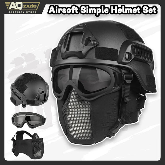 AQzxdc Tactical Helmet Set, Airsoft Mask Mesh Elastic Balaclava Mask, Anti Fog Airsoft Goggles, Tactical Full Face Protection