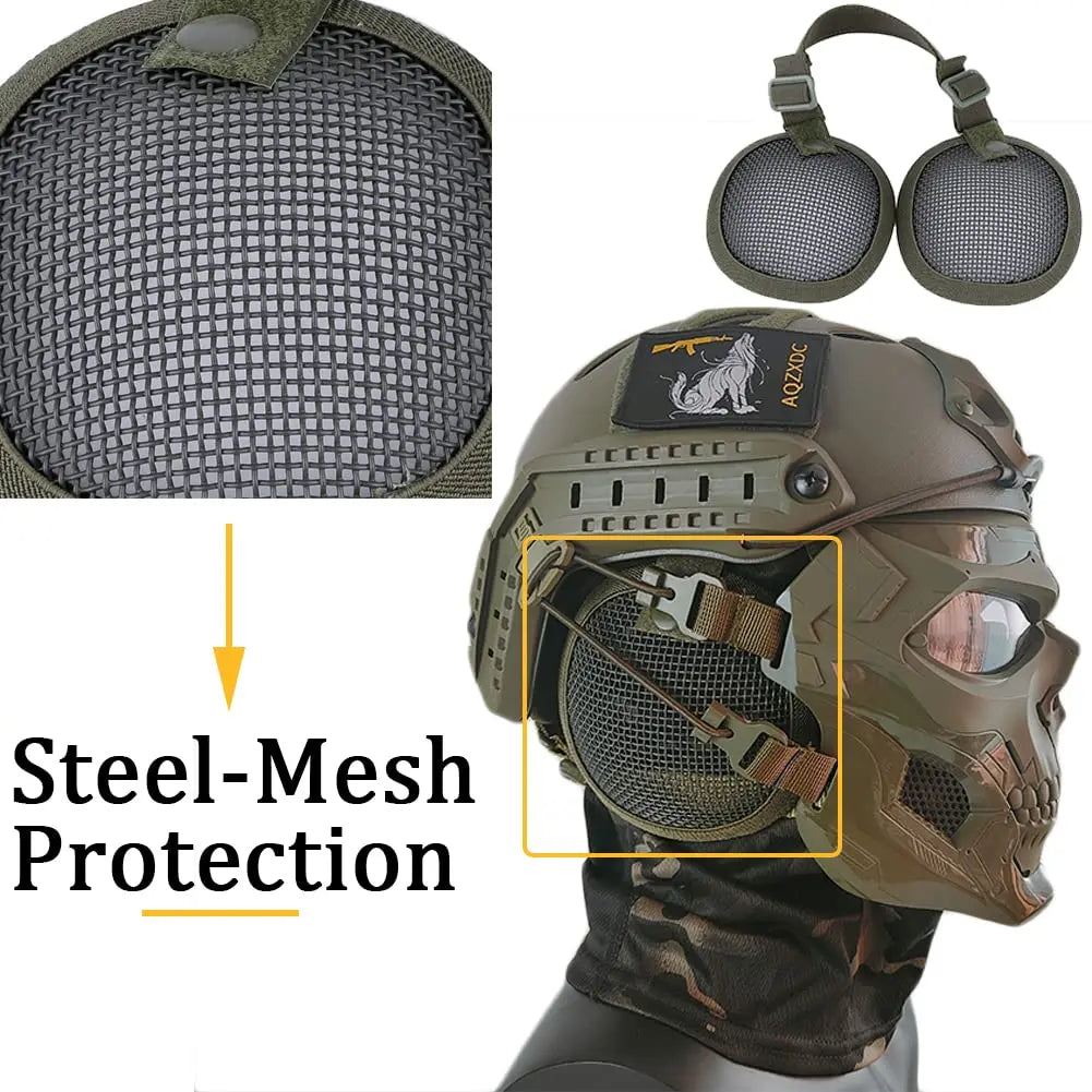 FAST Airsoft Helmet, with Full-Face Skull Paintball Mask, Steel Mesh Earmuffs, Flashlight, for Outdoor Shooting, Hunting, Games