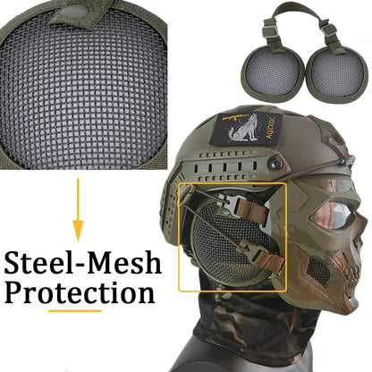 FAST Airsoft Helmet, with Full-Face Skull Paintball Mask, Steel Mesh Earmuffs, Flashlight, for Outdoor Shooting, Hunting, Games