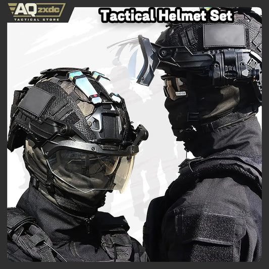 Fast Paintball Helmet, Tactical Protective Sets with Retractable Goggles & Military Flashlights & Signal Lights, for Paintball