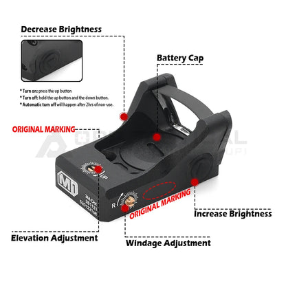 Tactial M1 Green/Red Dot Sight 3MOA with Full Original Markings Airsoft Optics with 20mm Rail and Universal Glock Mount Plate
