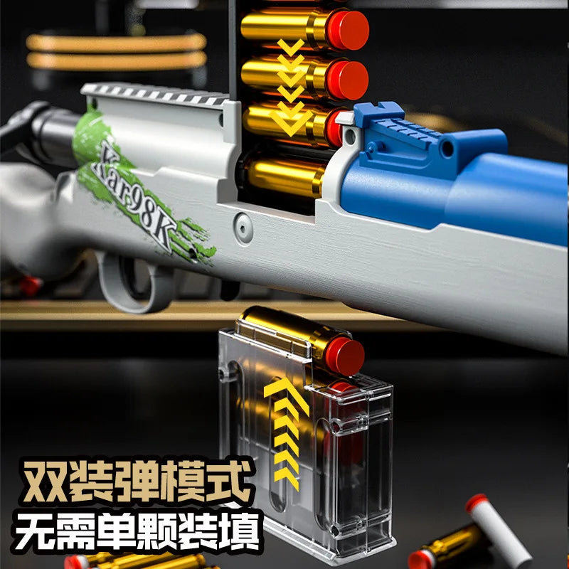 Uploaded projectile throwing shell AWM soft bullet gun can fire sniper rifle, boys' outdoor battle toy gun 98K pull up chamber