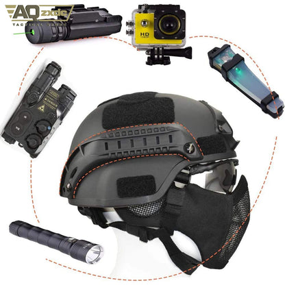 Mich 2000 Style ACH Tactical Helmet with Foldable Ear Protection Dual Straps Half Face Mesh Mask - Goggles for Airsoft Paintball