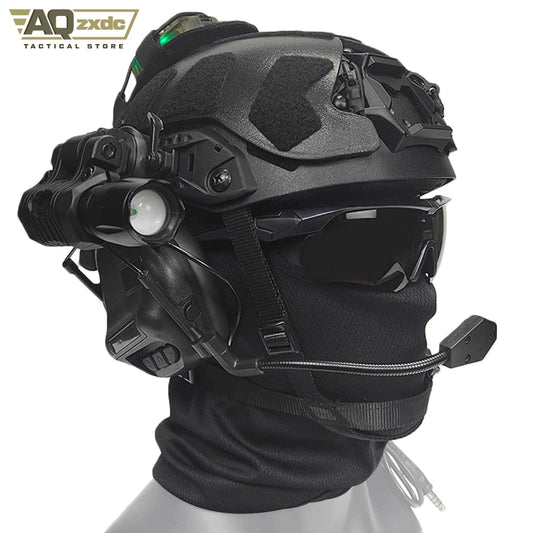 AQzxdc Fast Lightweight Paintball Helmet with External Armor, with Noise Cancelling Headphones, Flashlight, Goggles, Balaclava