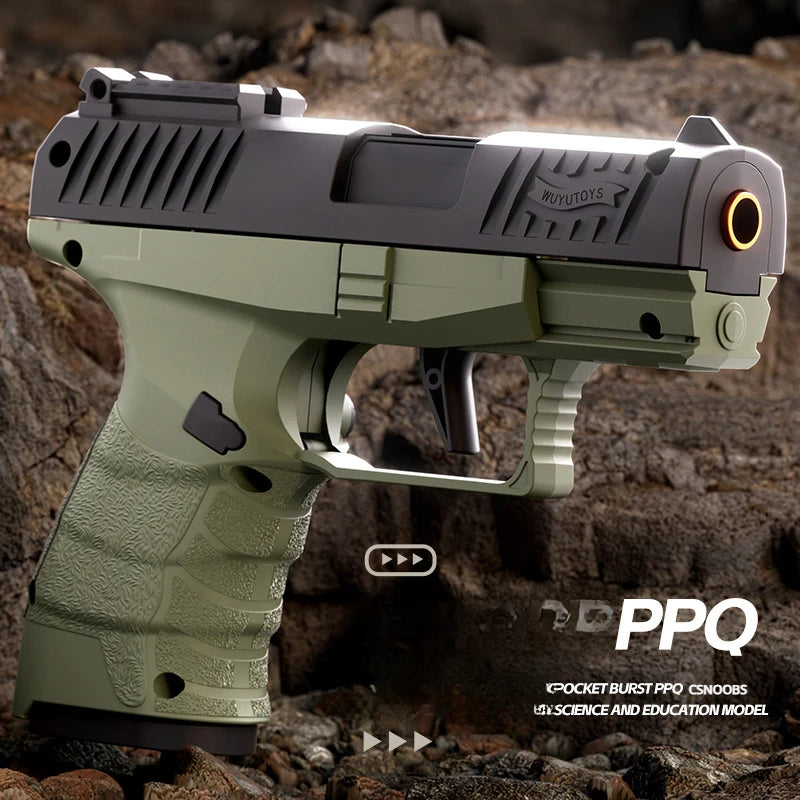 Small Black Toy Gun Mini PPQ Continuous Firing Shell Throwing Gun Model Soft Bullet Launcher BlowBack Airsoft Pistol for Kids