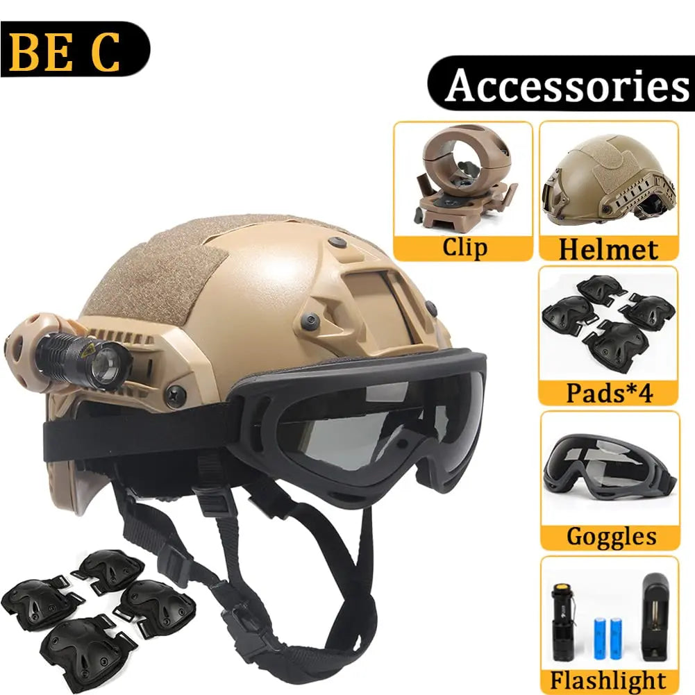 FAST Helmet, with Goggles, Flashlight, Flashing Lights, NVG Imitations, Knee and Elbow Pads, for Outdoor Games Airsoft Paintball
