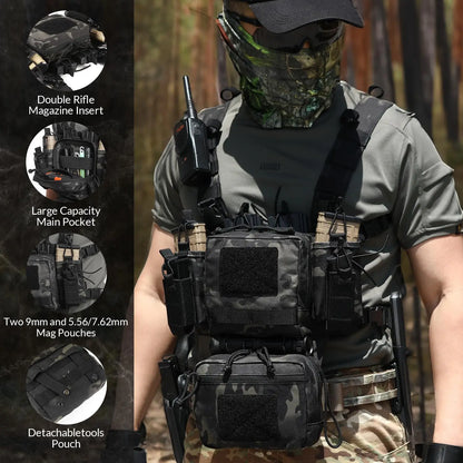 AQzxdc Tactical Chest Rig, Adjustable & Detachable Molle Micro Chest Rigs, with 5.56/7.62 Magazine Pouch, Pistol Pouch for CS