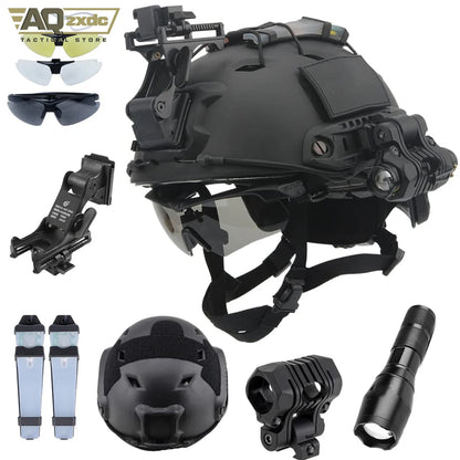 Airsoft Helmet Set, Tactical Goggles Helmet Light Signal Light Tactical Flashlight and Night Vision Goggle (Nvg) Mount Bracket
