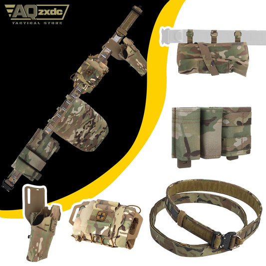 Outdoor Hunting Belt with ALS Quick Draw Holster & Triple Mag Bag & IFAK Medical Bag & Folding Sundry Bag for Airsoft Paintball