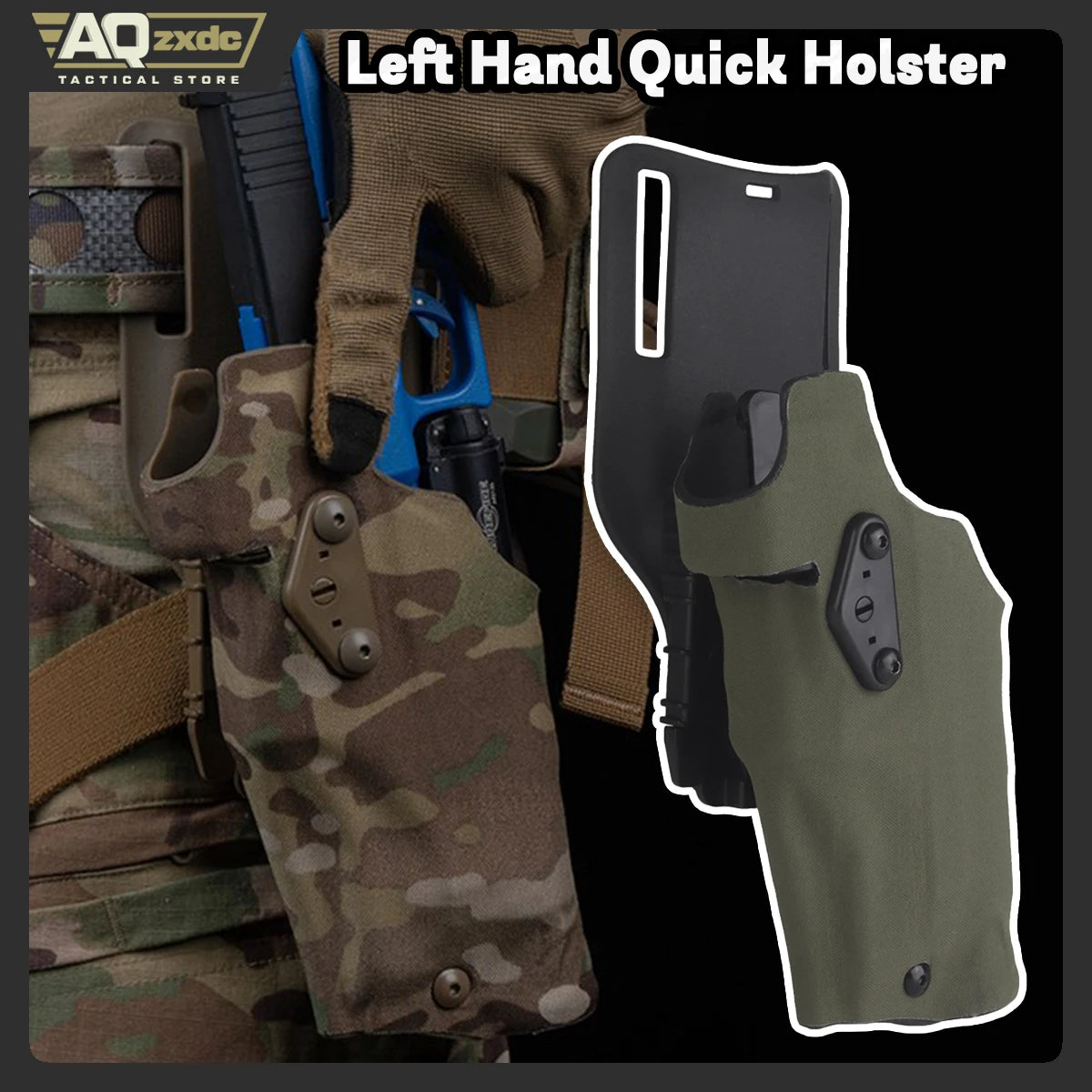 AQzxdc Military Left Hand Quick Holster, Tactical Hand Gun Drop Leg Thigh Pistol Holster  for Airsoft Glock 17 + X300 lamp