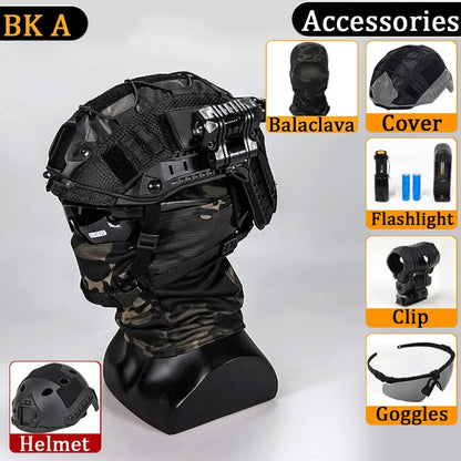 FAST Tactical Helmet Sets, with Tactical Headset and Telescope Model, Visor & Goggles, Flashlight, Signal Flashing Light, Mount