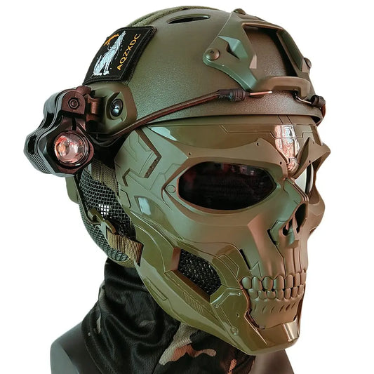 FAST Airsoft Helmet, with Full-Face Skull Paintball Mask, Steel Mesh Earmuffs, Flashlight, for Outdoor Shooting, Hunting, Games