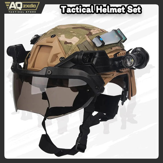 AQzxdc Paintball Game Helmet Set with Visor Flashlight Flashing Light Helmet Cover Set for Airsoft Shooting War Games Movie Prop