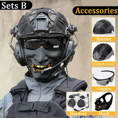 AQ Tactical Helmet Sets, Outdoor Gear with Military Headset & Binoculars & Goggles, Heavy Men's Full Set of Paintball Protective