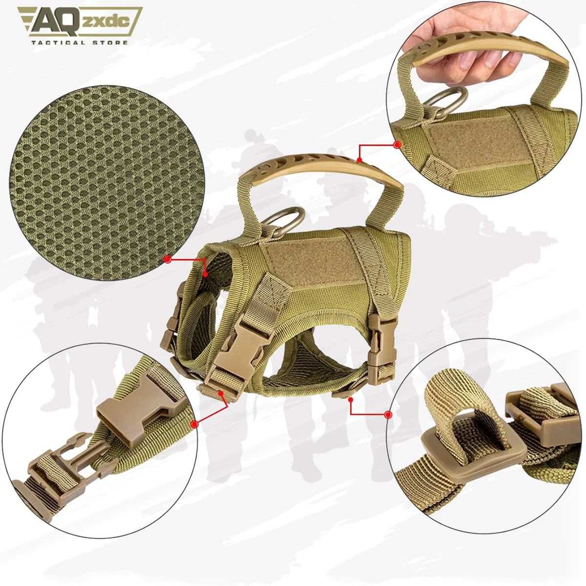 Tactical Dog Harness for Small Dogs Working Training Khaki Adjustable Soft Padded Dog Vest Harness No-Pull Outdoor Military Pet