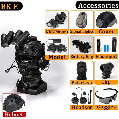 FAST Tactical Helmet Sets, with Tactical Headset and Telescope Model, Visor & Goggles, Flashlight, Signal Flashing Light, Mount