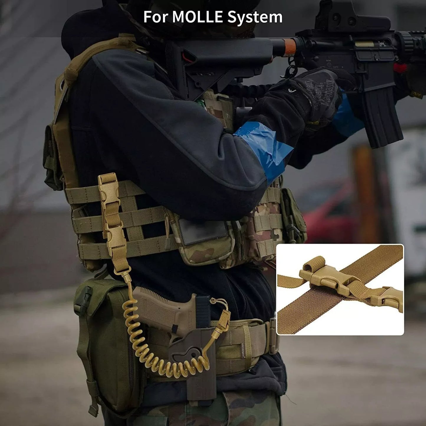 AQzxdc Tactical Pistol Lanyard Elastic Handguns Secure Rope Sling Molle System Gun Sling for Hunting Accessories