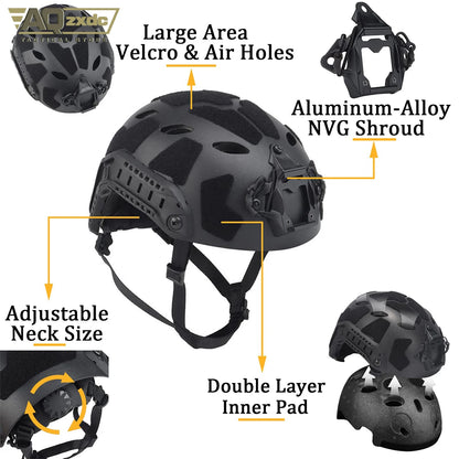 AQzxdc Fast Lightweight Paintball Helmet with External Armor, with Noise Cancelling Headphones, Flashlight, Goggles, Balaclava