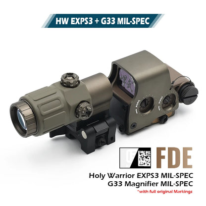 Holy Warrior EXPS3 Holographic Red Dot Sight with G33 3X Magnifier with Fast Optic Riser and FTC Mount Combo with Full Markings