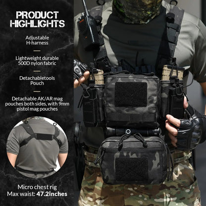 AQzxdc Tactical Chest Rig, Adjustable & Detachable Molle Micro Chest Rigs, with 5.56/7.62 Magazine Pouch, Pistol Pouch for CS