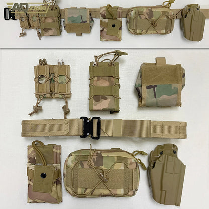 Tactical Military Belt Set with Combination Mag Bag & Recovery Bag & Walkie-Talkie Bag & Quick holster & Sundrie Bag for CS Game