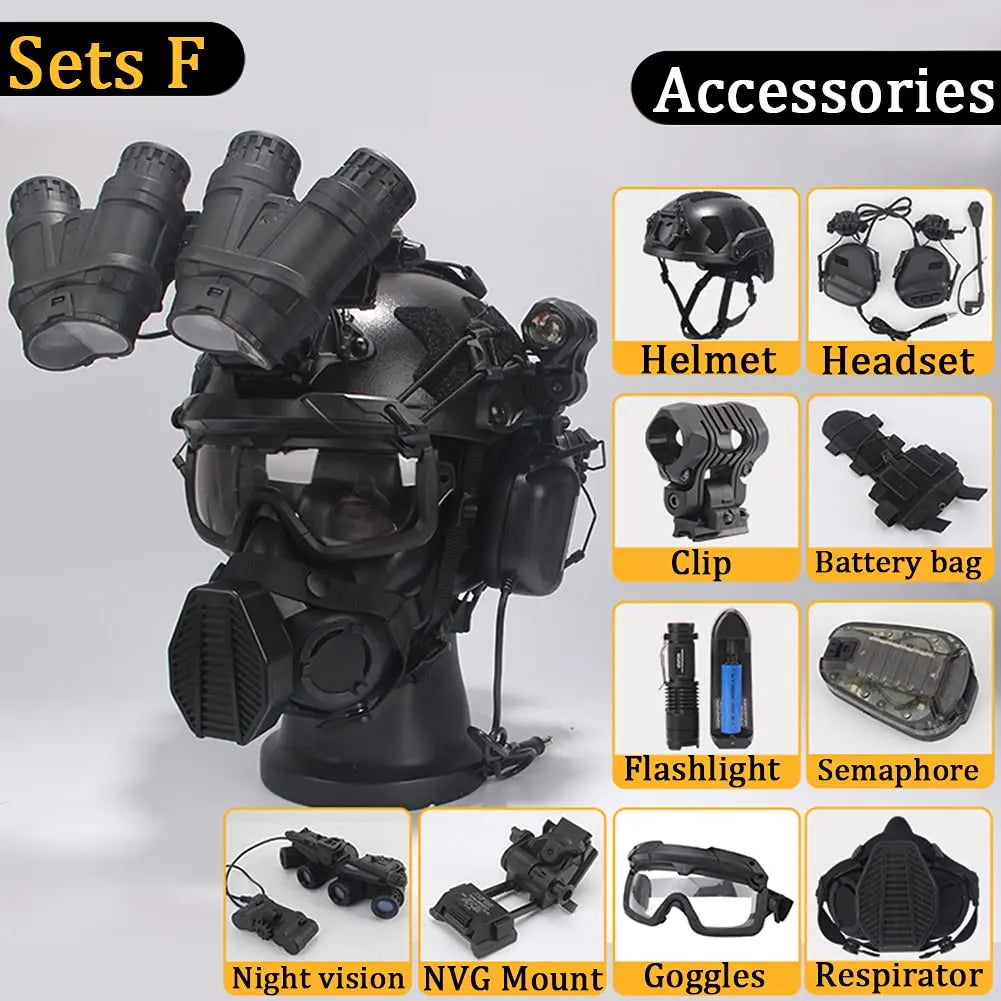 AQ Heavy-Duty Tactical Helmet Set, with Paintball Mask & Telescope Model & Soundproof Headphones, Aluminum Alloy L4G24 NVG Mount