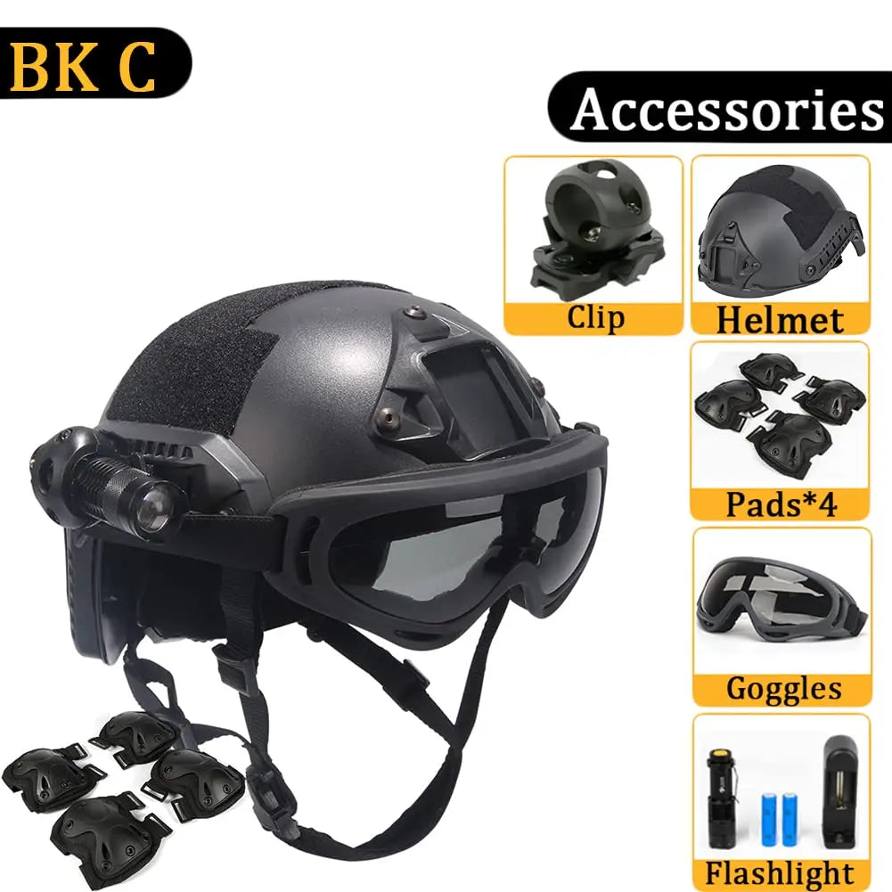 FAST Helmet, with Goggles, Flashlight, Flashing Lights, NVG Imitations, Knee and Elbow Pads, for Outdoor Games Airsoft Paintball