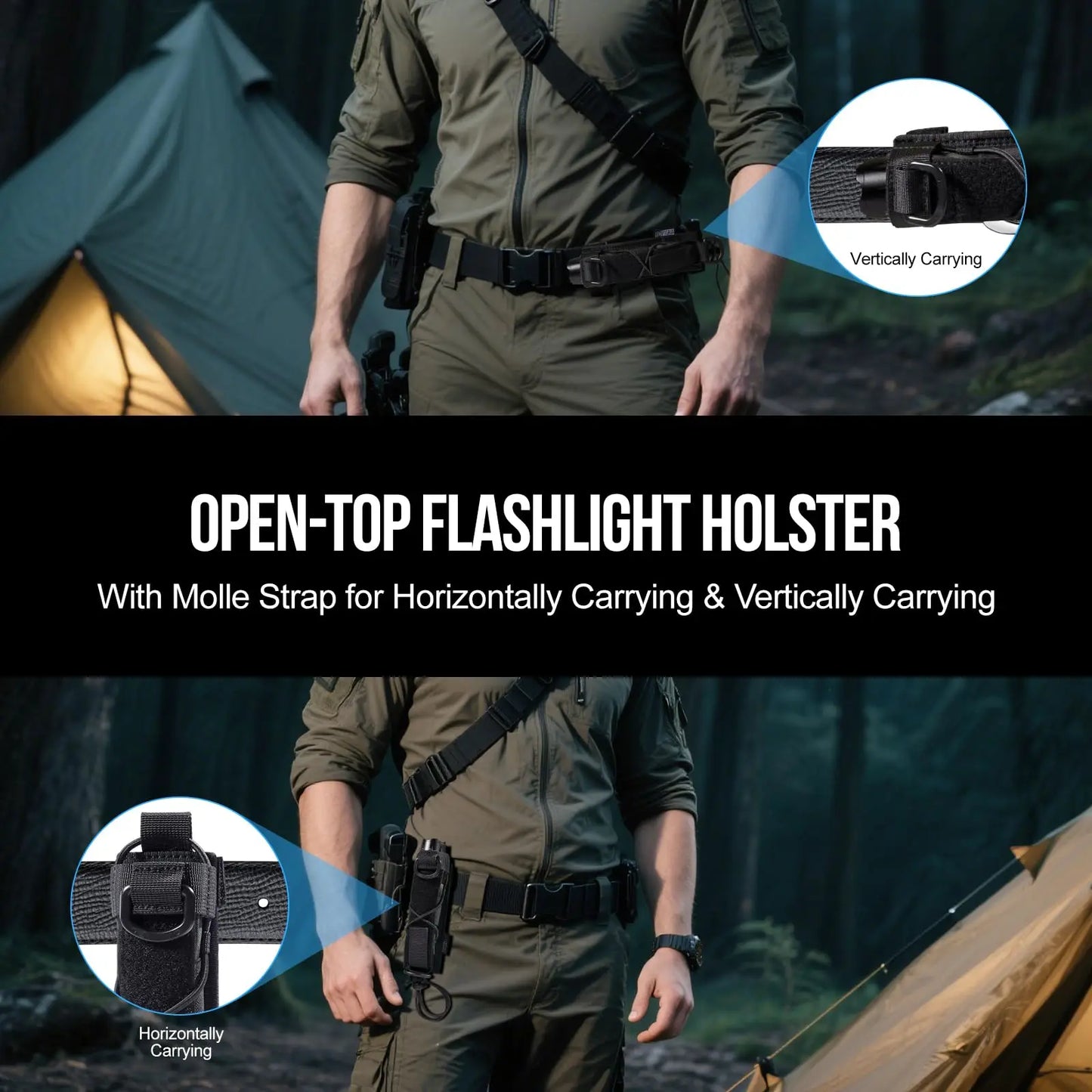Flashlight Holster Molle Flashlight Holder for Belt Tactical Pouch with Open-top MOLLE Strap for Vertical & Horizontal Carrying