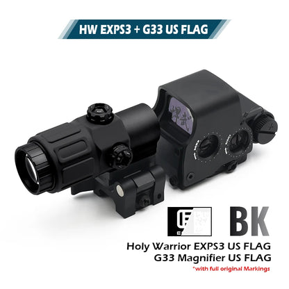 Holy Warrior EXPS3 Holographic Red Dot Sight with G33 3X Magnifier with Fast Optic Riser and FTC Mount Combo with Full Markings