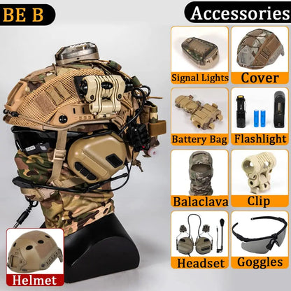 FAST Tactical Helmet Sets, with Tactical Headset and Telescope Model, Visor & Goggles, Flashlight, Signal Flashing Light, Mount