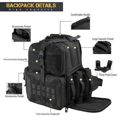 AQzxdc Tactical Range Backpack, Gun Bag for Handguns and Ammo, 3 Pistol Carrying Cases for Hunting Shooting Airsoft CS War Game
