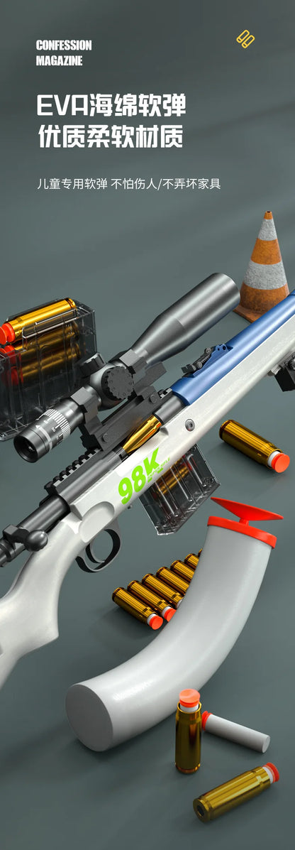 Uploaded projectile throwing shell AWM soft bullet gun can fire sniper rifle, boys' outdoor battle toy gun 98K pull up chamber