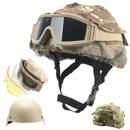 Tactical Protective Gear Set, MICH2000 Helmet with Anti-Fog Goggles Helmet Cover Camouflage Metal Helmet Metal for Kid BBS