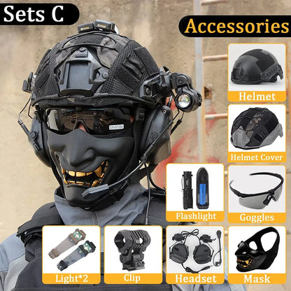 AQ Tactical Helmet Sets, Outdoor Gear with Military Headset & Binoculars & Goggles, Heavy Men's Full Set of Paintball Protective