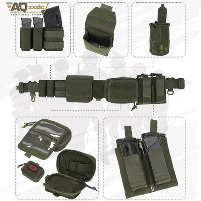 Tactical Assault Belt Set, Detachable Multifunctional 7-Piece Set with Double Magazine Pouch, Map Map, Sundry Bag & Glove Hook