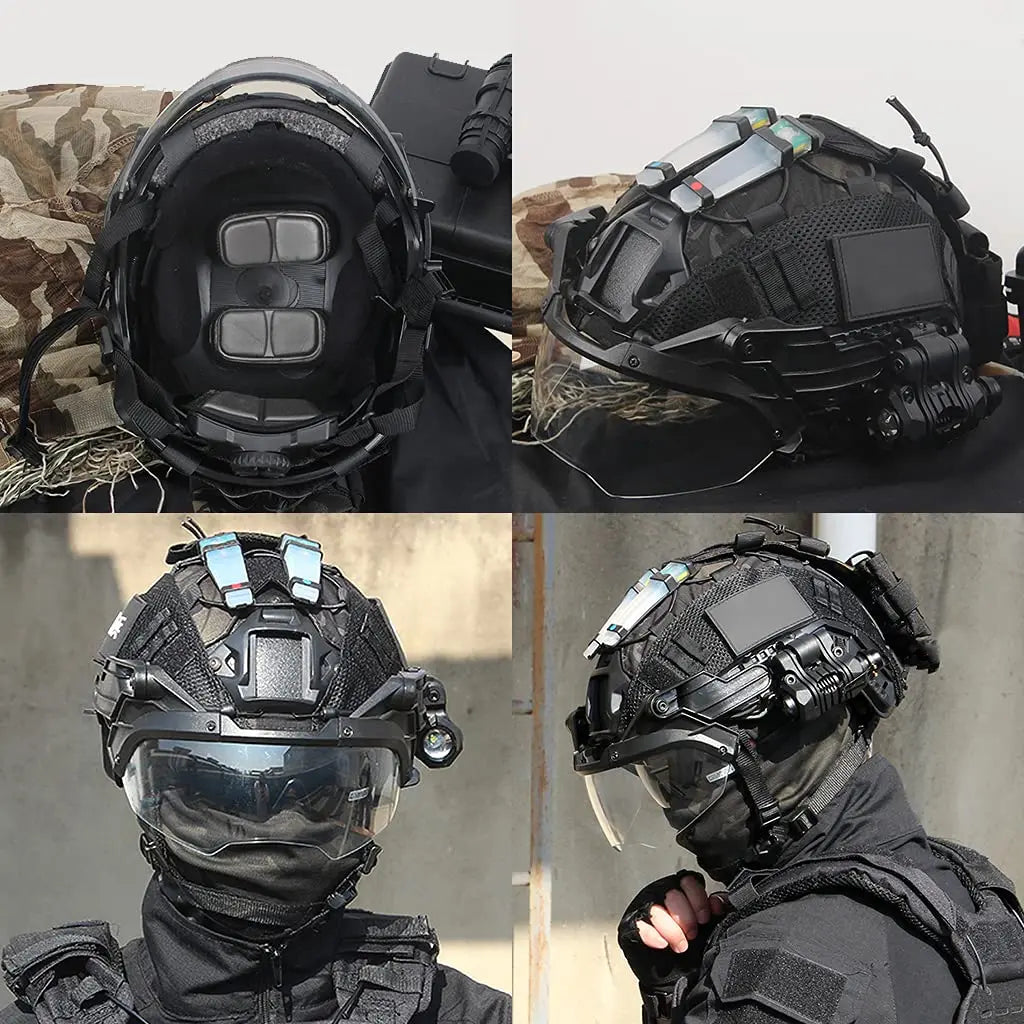 Fast Paintball Helmet, Tactical Protective Sets with Retractable Goggles & Military Flashlights & Signal Lights, for Paintball